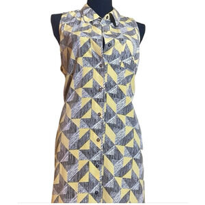 Sleeveless Geometric Button-Front Dress in Yellow and Gray